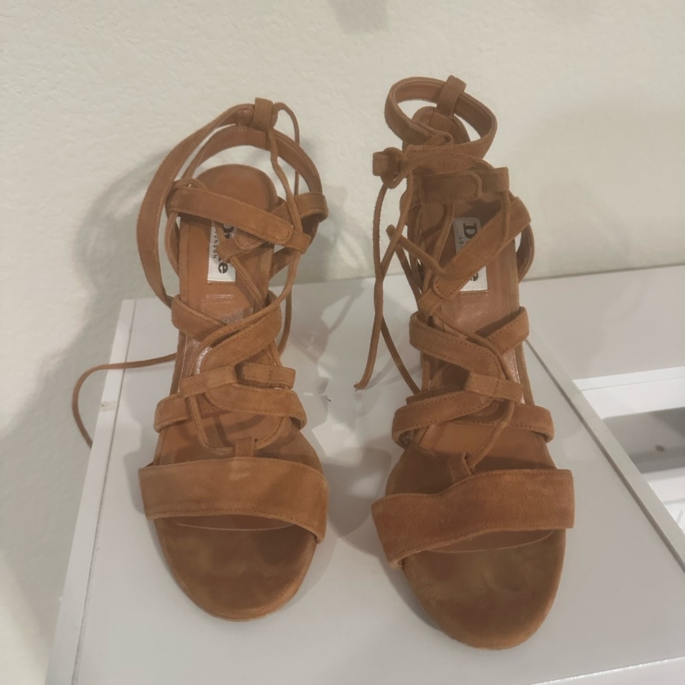 Dune tan suede lace up block heels